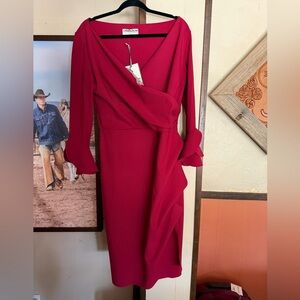 Chiara Boni Red Wrap-Style Long Sleeve Midi Dress
